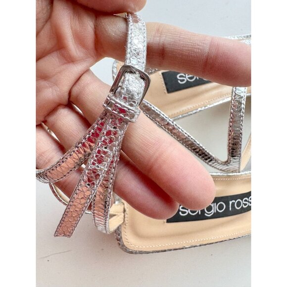 SERGIO ROSSI SR1 Silver Snake Leather Crystal Studded Block Sandals, Size 40.5 - Picture 5 of 14